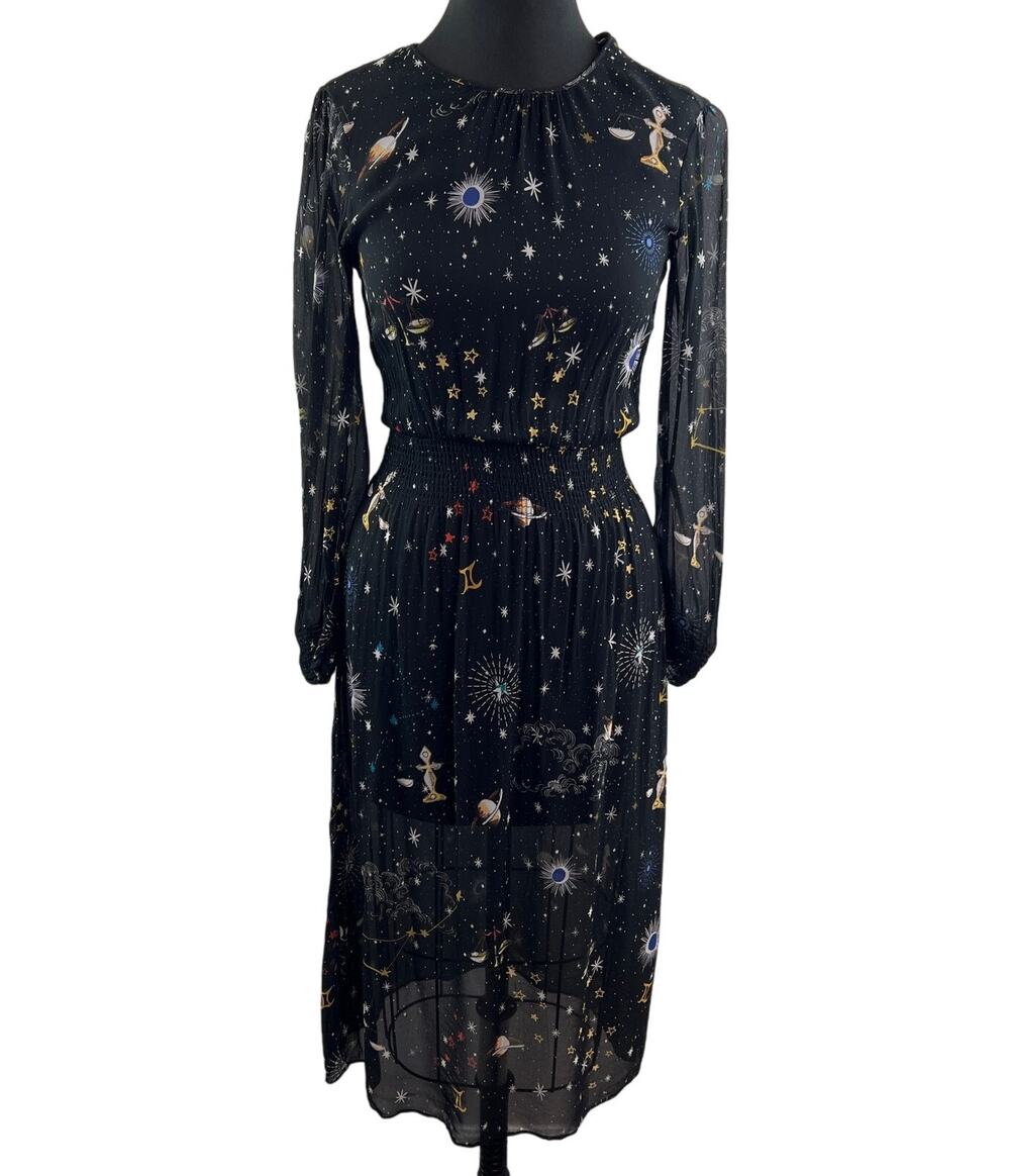 ZARA Black Celestial Dress Galaxy Back Button Waist Smocked Jewel Neck Size XS